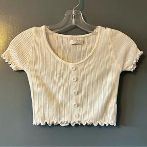 Trendy White Ribbed Button-Up Crop Top